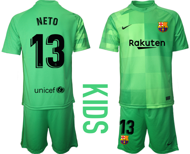 Youth 2021-2022 Club Barcelona green goalkeeper #13 Soccer Jersey->youth soccer jersey->Youth Jersey